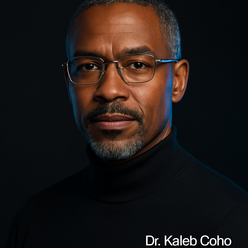 A portrait of Dr. Kaleb Coho, Personal Disruption Strategist, looking directly at the camera with a confident expression.